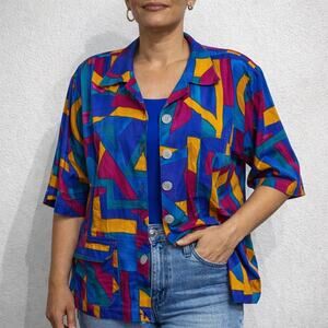 Jeffrey & Dara Multicolor Abstract Geometric Button Front Blouse Top Sz 22